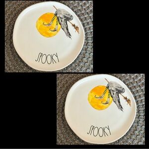 Rae Dunn SPOOKY Witch, Broom, Moon Design SET of 2 Halloween Plates BRAND NEW!